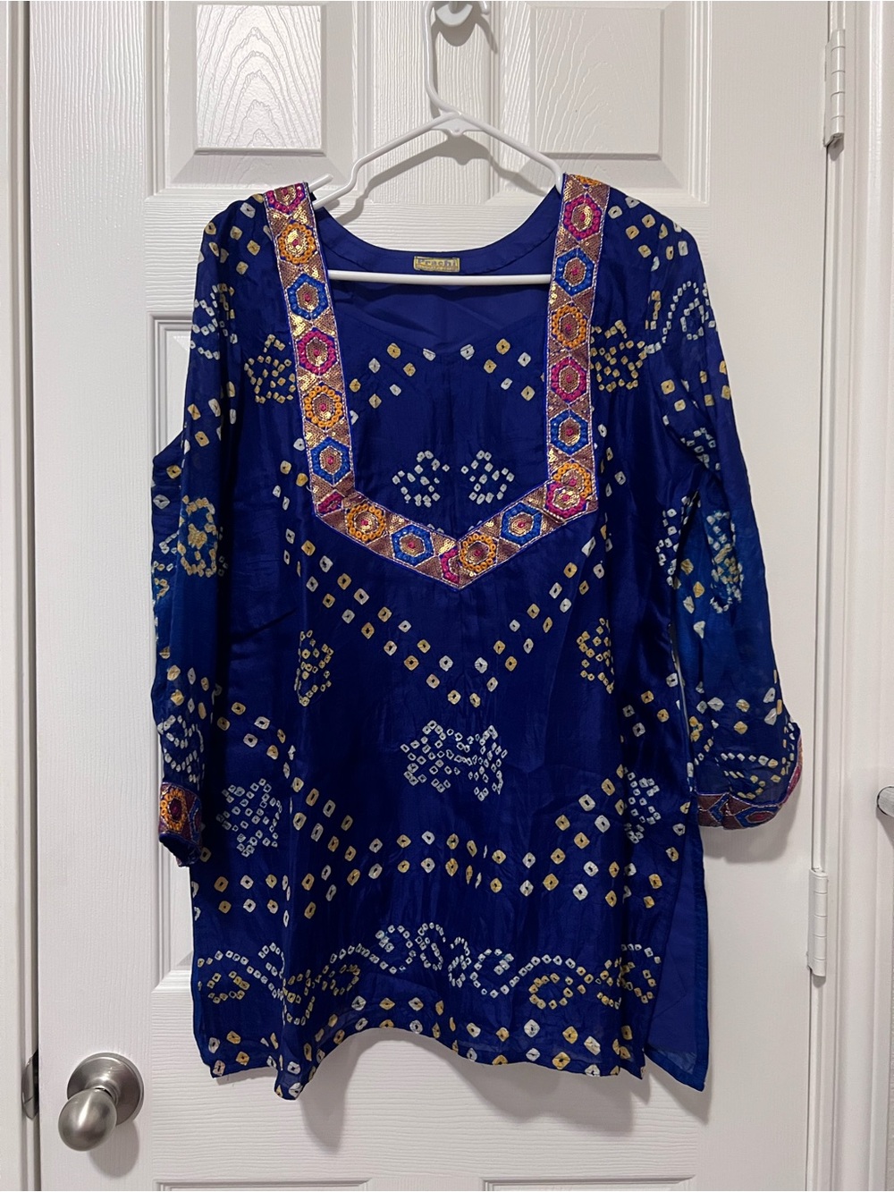 Embroidered Royal Blue Long-Sleeve Tunic Dress with Multicolor Trim Indian Kurti